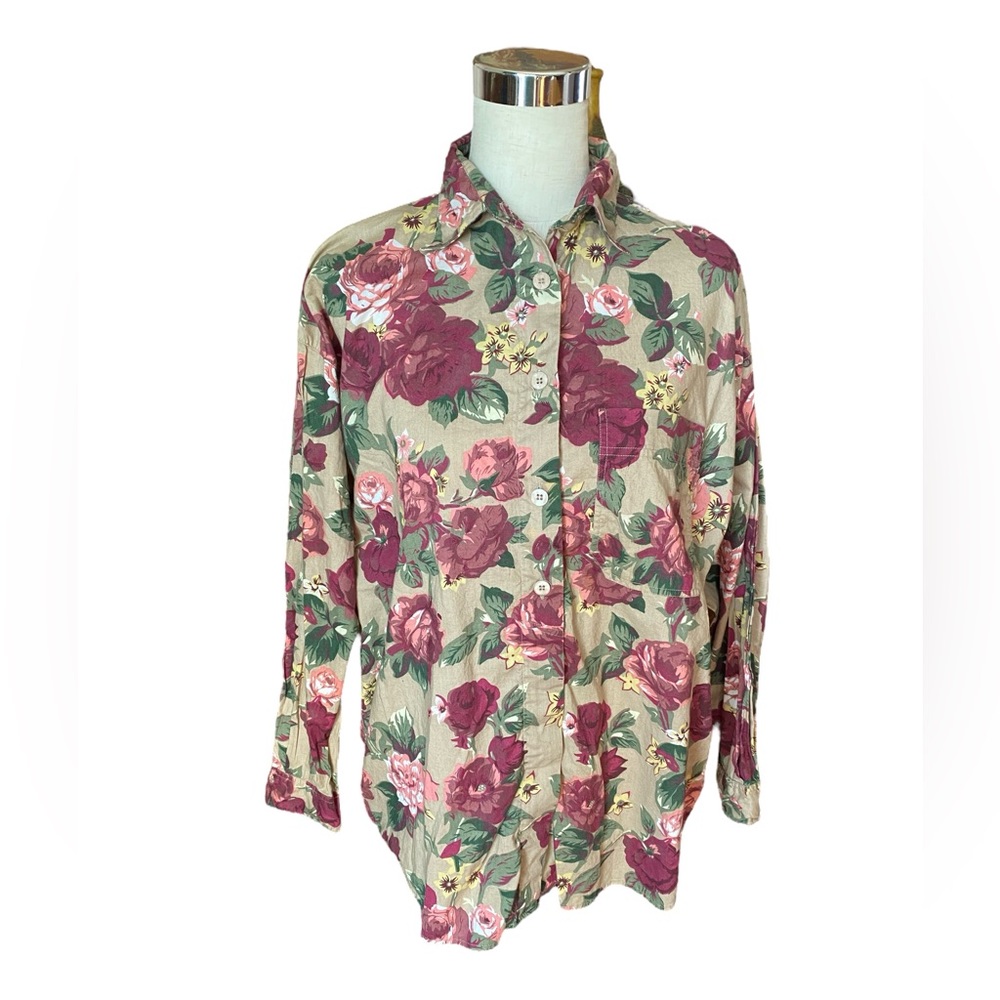 Krazy Kay Long Sleeve Blouse Tan Pink Wine Floral - Picture 1 of 6